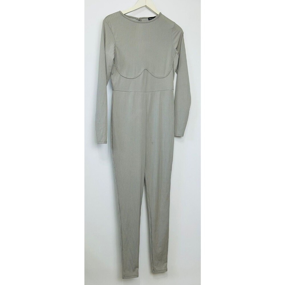 Prettylittlething Long Sleeve Jumpsuit Size 8 Gray Ribbed Keyhole Back Corset
